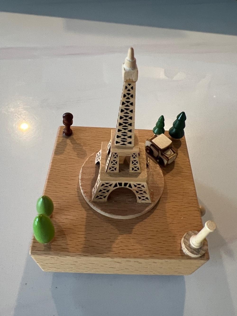 Wooden Eiffel Tower Music Box with Green Trees and Car
